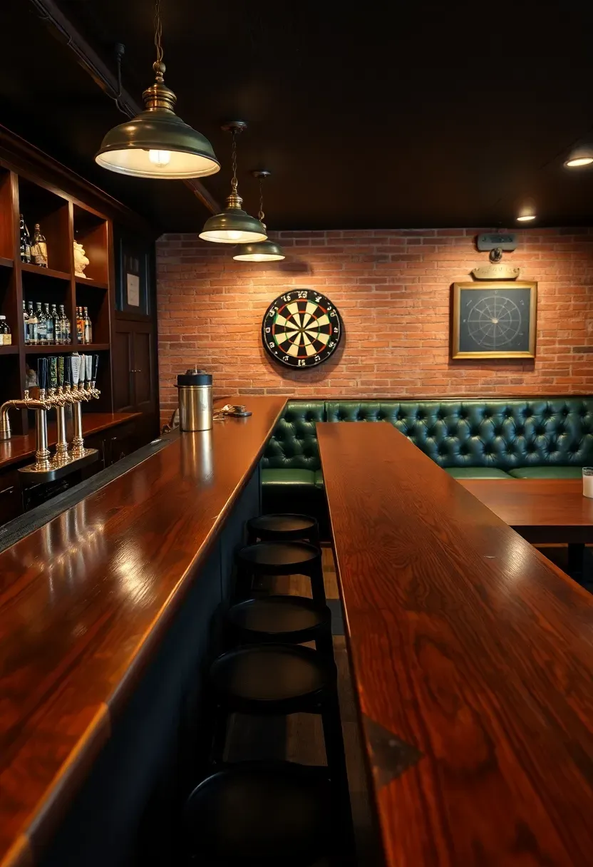 large finished basement converted into full pub with long wooden bar counter multiple tap handles booth seating and dart board on far wall