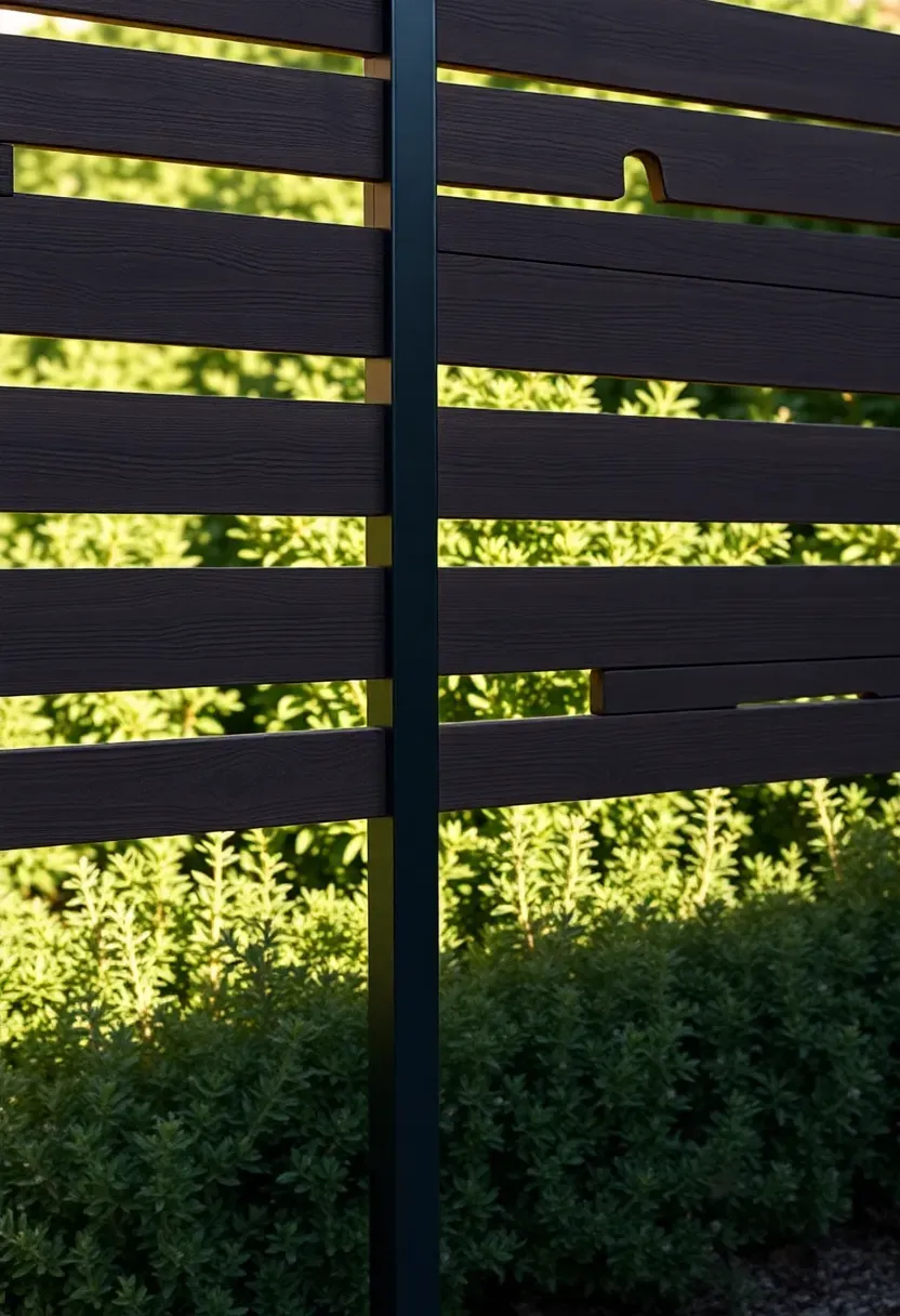 Modern horizontal slat privacy wall made of cedar boards with a dark stain in a backyard remodel