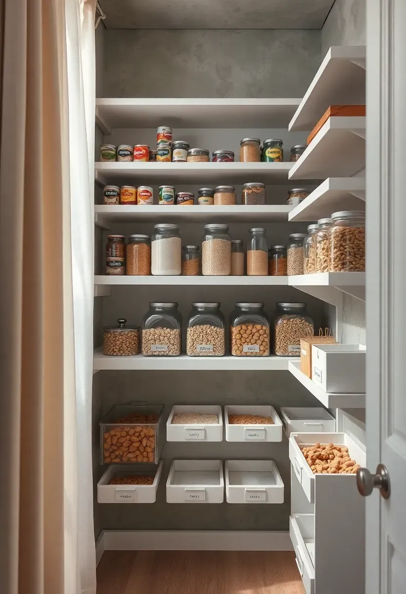 Organized pantry interior showing distinct shelf zones for canned goods, glass jars of grains, and pull-out root vegetable bins with zone-divider label holders on each shelf