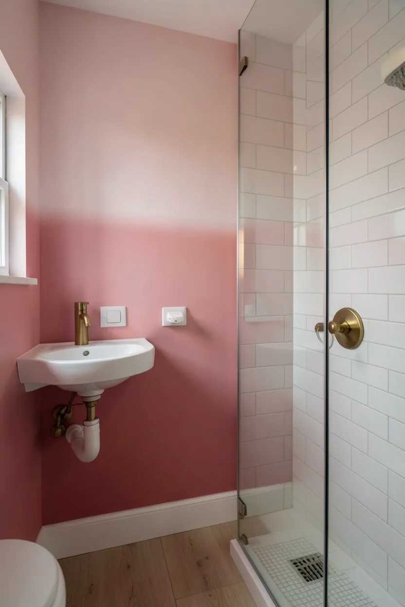 Gradient pink feature wall transitioning from pale blush at ceiling to deep fuchsia at floor behind bathtub in rental apartment