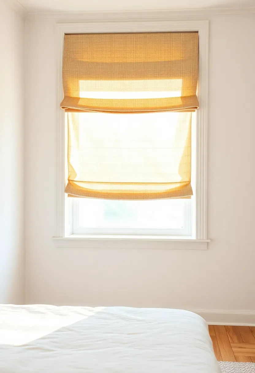 Hyper-realistic view toward a window with simple natural linen Roman shade partially raised. Materials: woven linen shade in soft oatmeal color, white window frame with visible wood grain, light oak floor, white walls, simple platform bed in foreground. Bright diffused daylight streaming through soft fabric creating warm glow in room. Clean uncluttered window no additional curtains or valances. Natural texture of shade emphasized by backlighting. Serene bright atmosphere.</p>