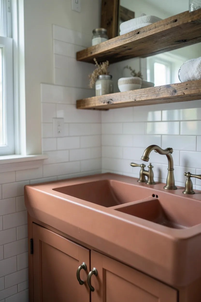 Terracotta hexagonal and chevron geometric tile pattern on a bathroom accent wall with minimalist white fixtures