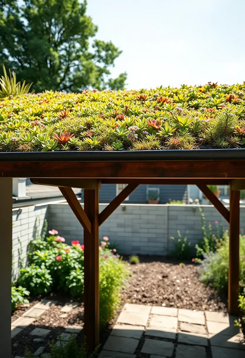 living green roof canopy with sedum plants growing over a patio shelter