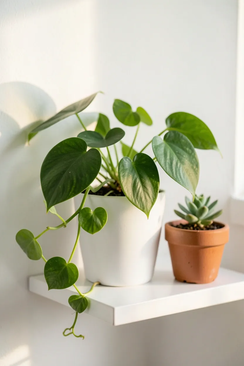 Small pothos plant in a white ceramic pot on a floating shelf in a small apartment bathroom, adding greenery to a neutral space