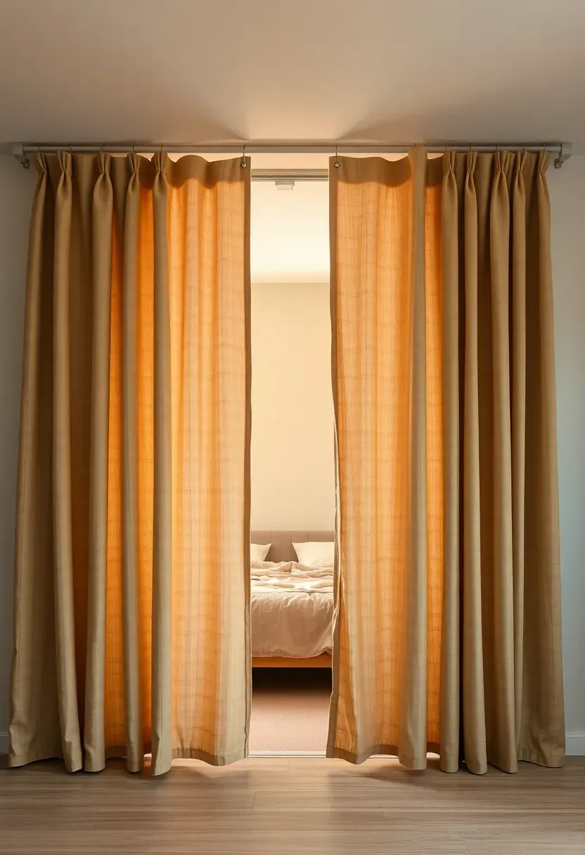 Floor-to-ceiling linen curtains dividing a basement apartment sleeping area from the living space with soft warm lighting behind