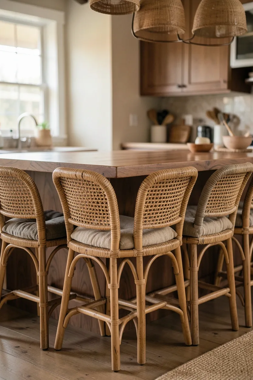 Rattan bar stools with earth-toned cushions pulled up to a wooden kitchen island in a light boho kitchen