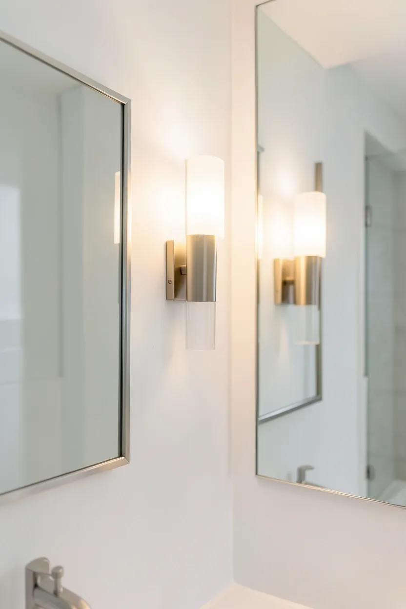 Modern multi-bulb vanity light bar above a bathroom mirror in a small apartment, warm white LED glow