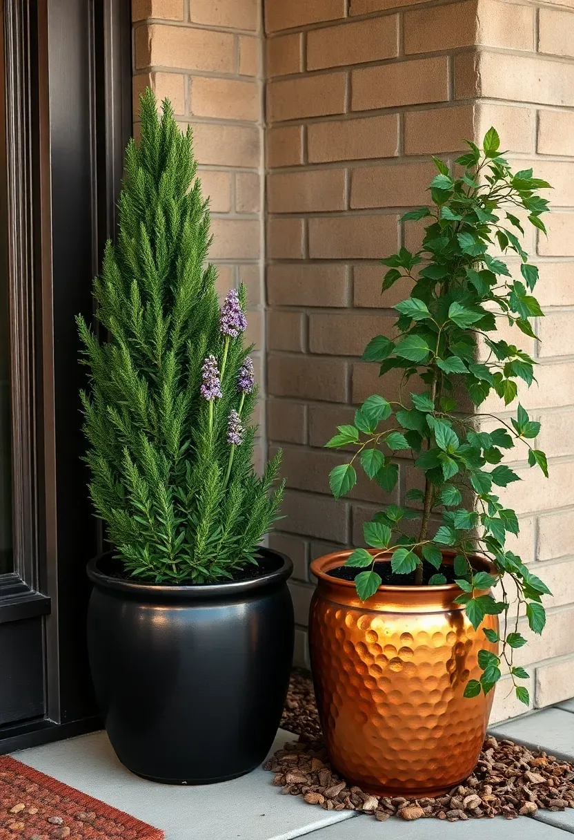 Ranch porch layered potted plant styling with tall arborvitae, lavender, and trailing sweet potato vine