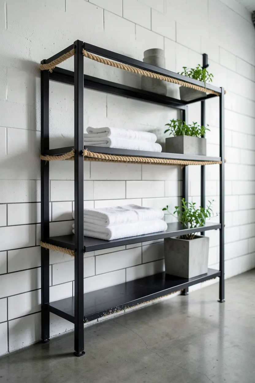 Hyper-realistic eye-level photograph of black steel shelving unit with natural rope detail mounted on white concrete wall. Two shelves with thick natural hemp rope threaded through metal frames, folded white towels on shelves, small concrete planters with plants, subway tile wall, concrete floor. Materials: matte black powder-coated steel frames, natural hemp rope with visible fiber, white cotton towels, gray concrete planters, white ceramic tiles, polished concrete floor. Natural ambient light, unique industrial atmosphere. Shallow depth of field, sharp details on rope threading and metal construction, balanced composition showing shelves and wall. No text, no logos, no watermarks.</p>
