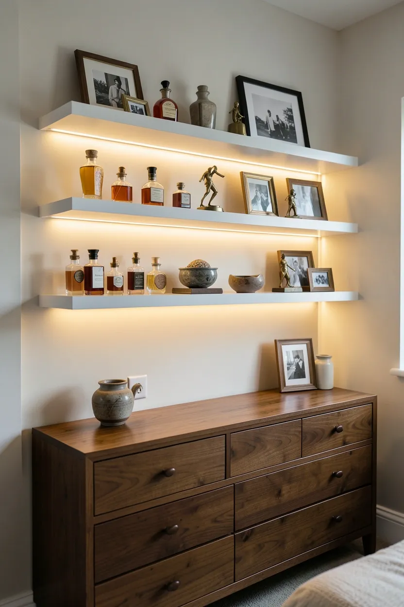 Hyper-realistic eye-level photograph of a maximalist bedroom dresser area with three substantial floating shelves mounted above a walnut dresser, displaying a curated collection: vintage perfume bottles in various shapes and colors, small brass sculptures, framed black-and-white photographs, and collected ceramic pieces. Warm LED strip lighting above the shelves illuminates the display. Materials: walnut dresser, white floating shelves, glass perfume bottles, brass sculptures, framed photos. Soft warm light from shelf fixtures highlighting displayed objects. Coherent mood: curated and personal maximalist bedroom with featured collection display. Shallow depth of field, sharp details on displayed objects, balanced composition showing dresser and room context. No text, no logos, no watermarks.</p>