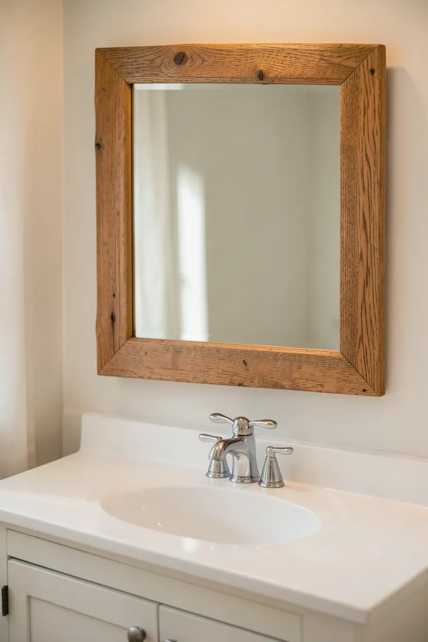 Wood mirror frame kit applied over builder-grade bathroom mirror in a rental apartment — removable mirror upgrade