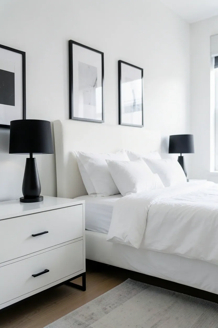 Modern white bedroom with black picture frames, black lamp base, and black cabinet pulls — contemporary black and white bedroom design