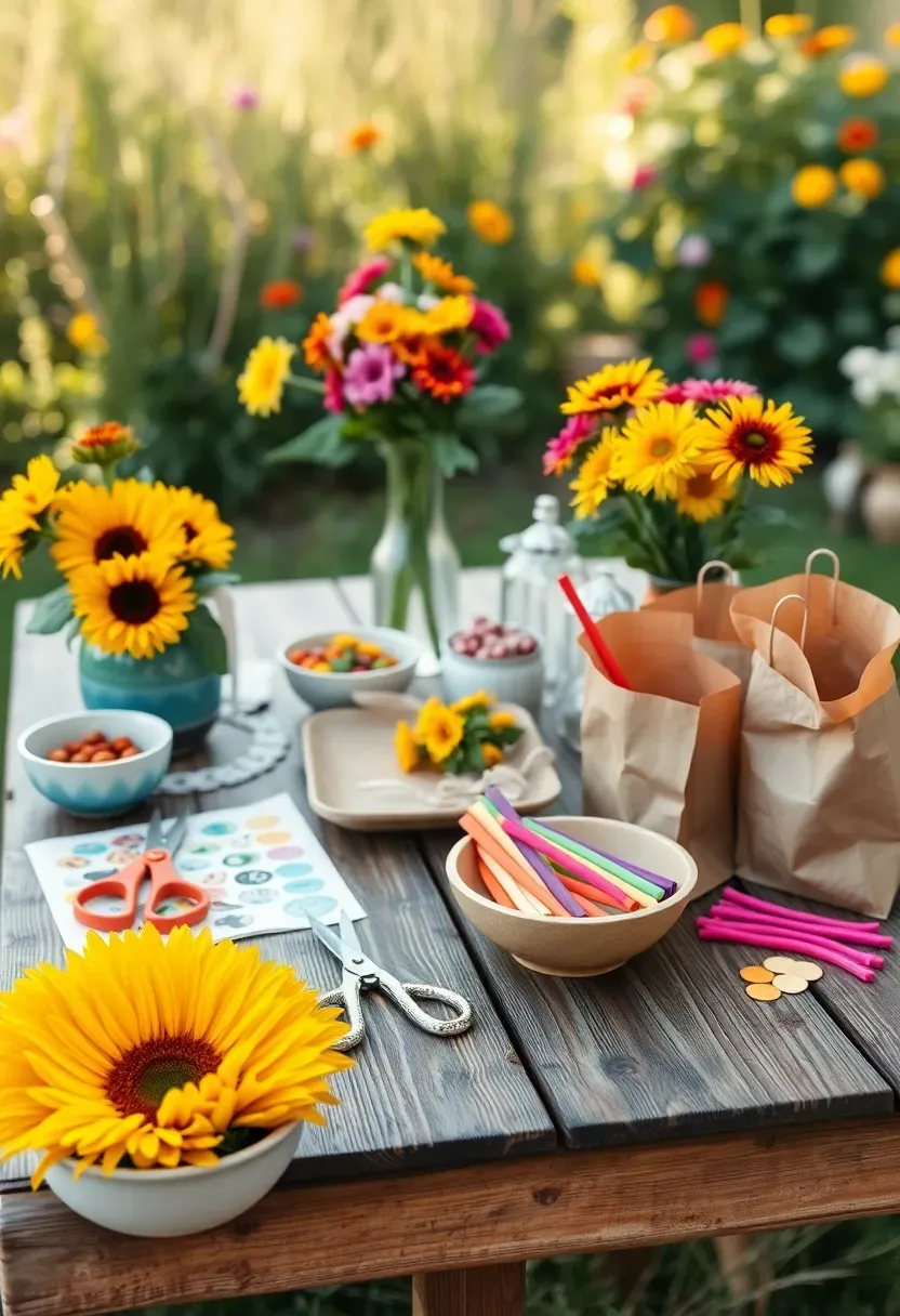 Kids party flower craft bar with simple flowers, pipe cleaners, safety scissors, and sticker decorations for children to make their own posies