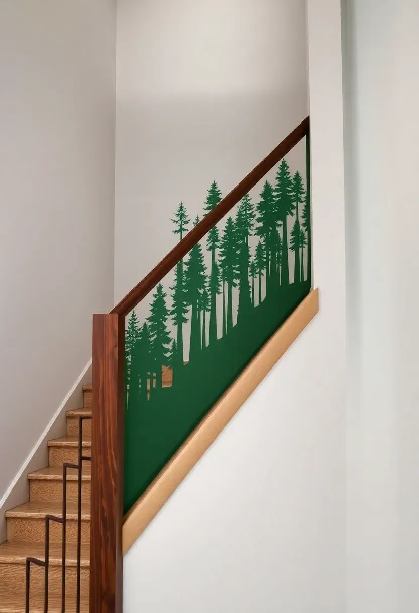 Staircase with laser-cut matte forest green steel railing panels showing a continuous forest tree silhouette, dark walnut handrail above, and gallery white walls