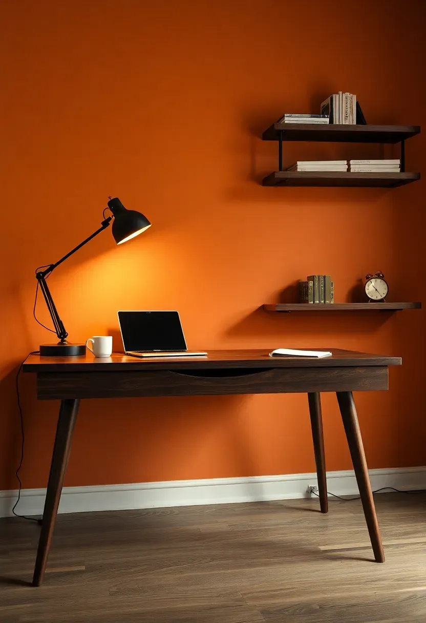 home office with cardamom spice warm brown walls and a mid-century modern desk and task lamp