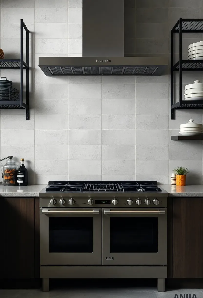 concrete look porcelain tile backsplash behind stove in light gray with seamless grout lines and industrial kitchen style