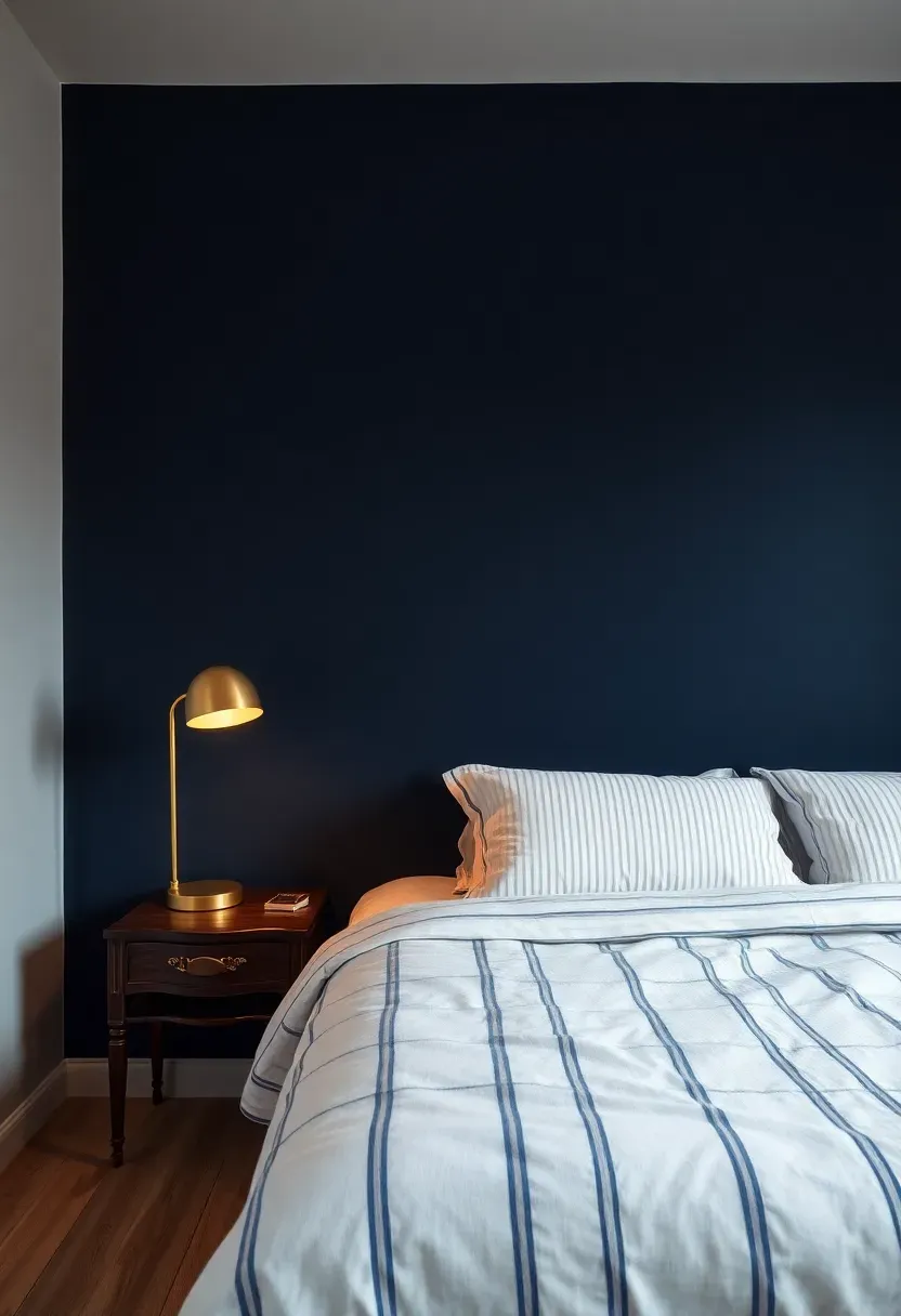 masculine bedroom with deep navy blue accent wall and brass bedside lamp