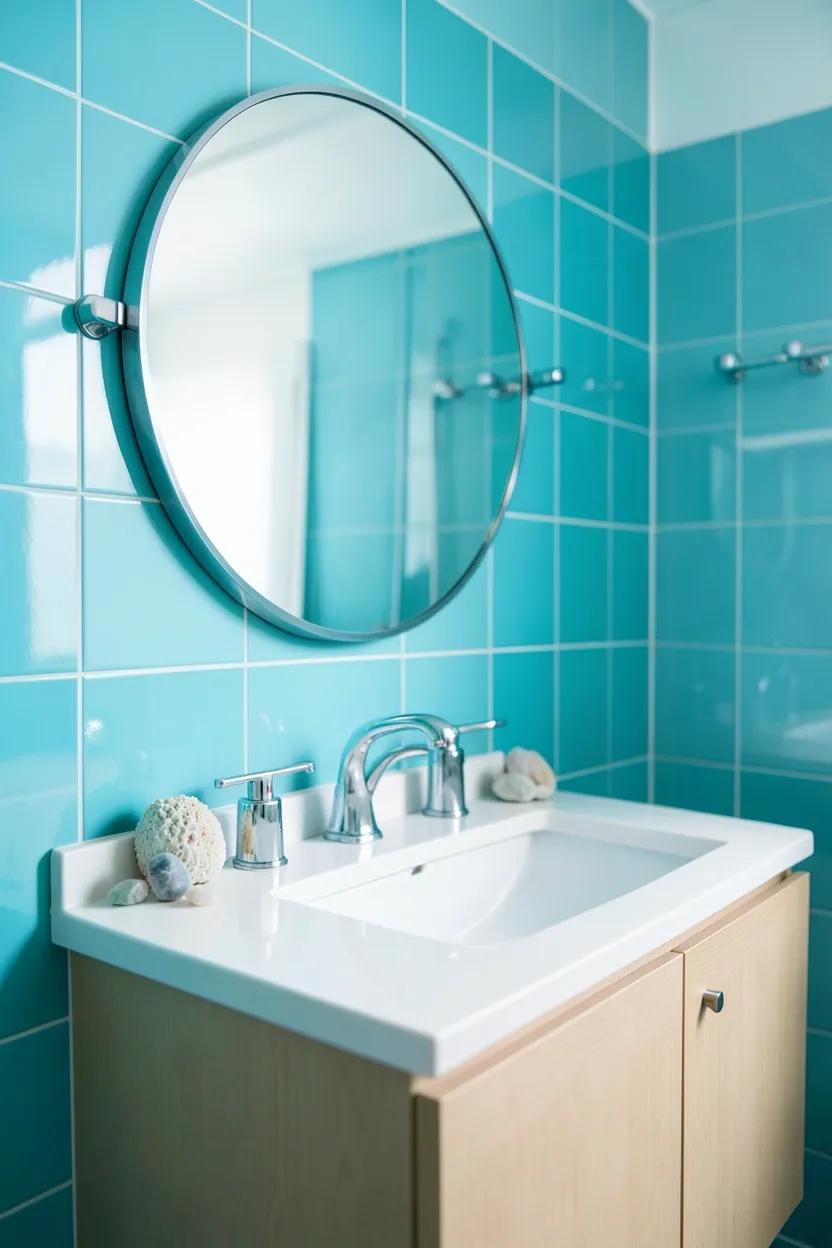 Toca Boca ocean blue bathroom with aqua walls, white fixtures, and sea glass accessories in a small rental bathroom