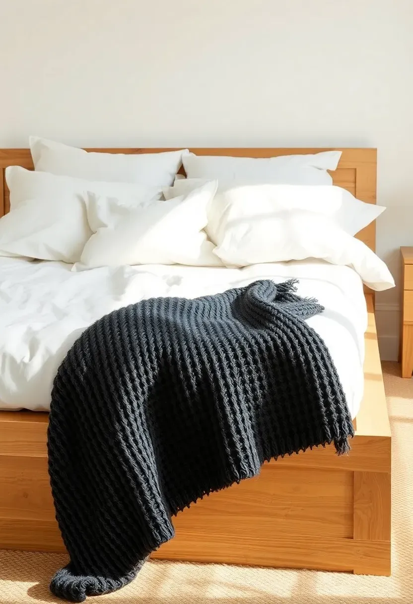 Charcoal or cream wool throw blanket at foot of bed