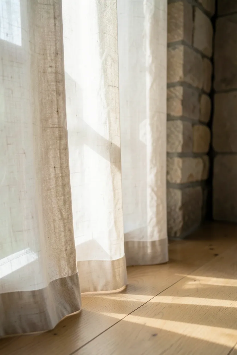 Floor-length unbleached linen curtains softly filtering morning light in a wabi sabi bedroom
