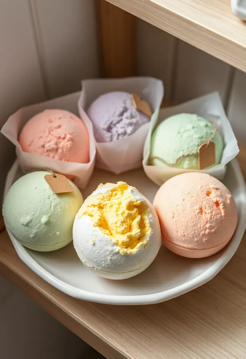 colorful bath bombs wrapped in tissue paper with baby shower tags on a display stand