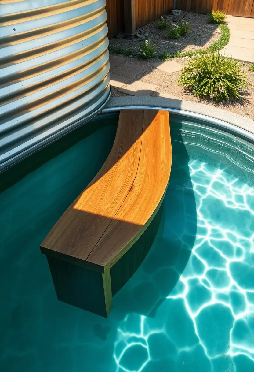 Stock tank pool with a custom cedar wood bench built along one interior wall, visible through clear water on a sunny patio