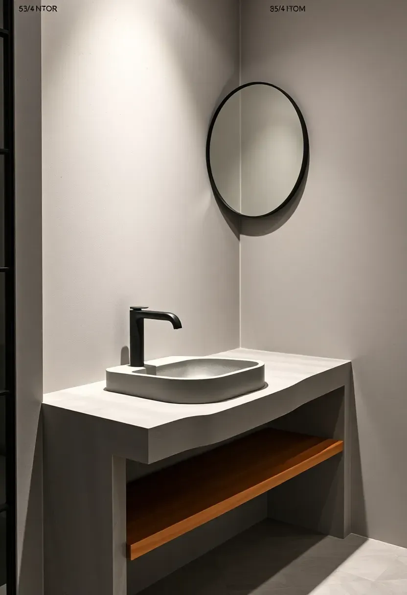 Integrated concrete bathroom countertop with built-in sink basin and waterfall edge