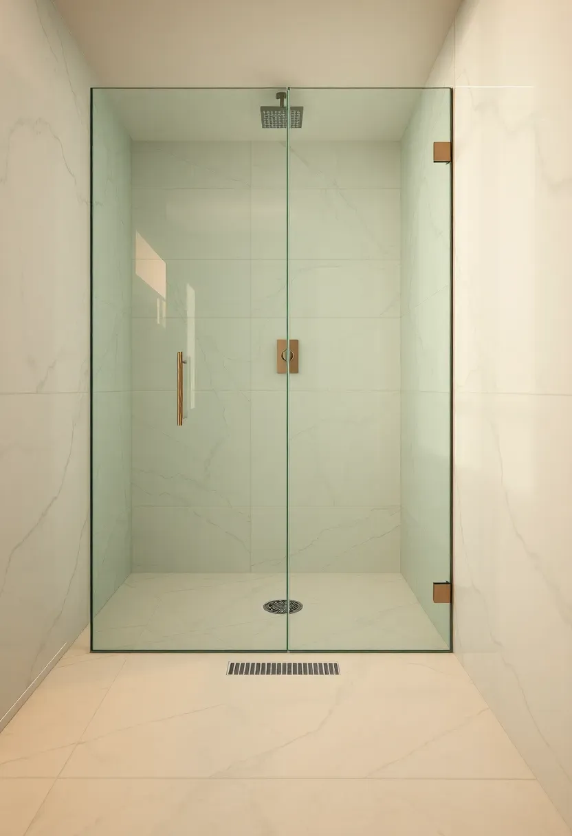 Open glass walk-in shower with slim linear drain and frameless glass walls in a modern luxury bathroom with no curb barrier