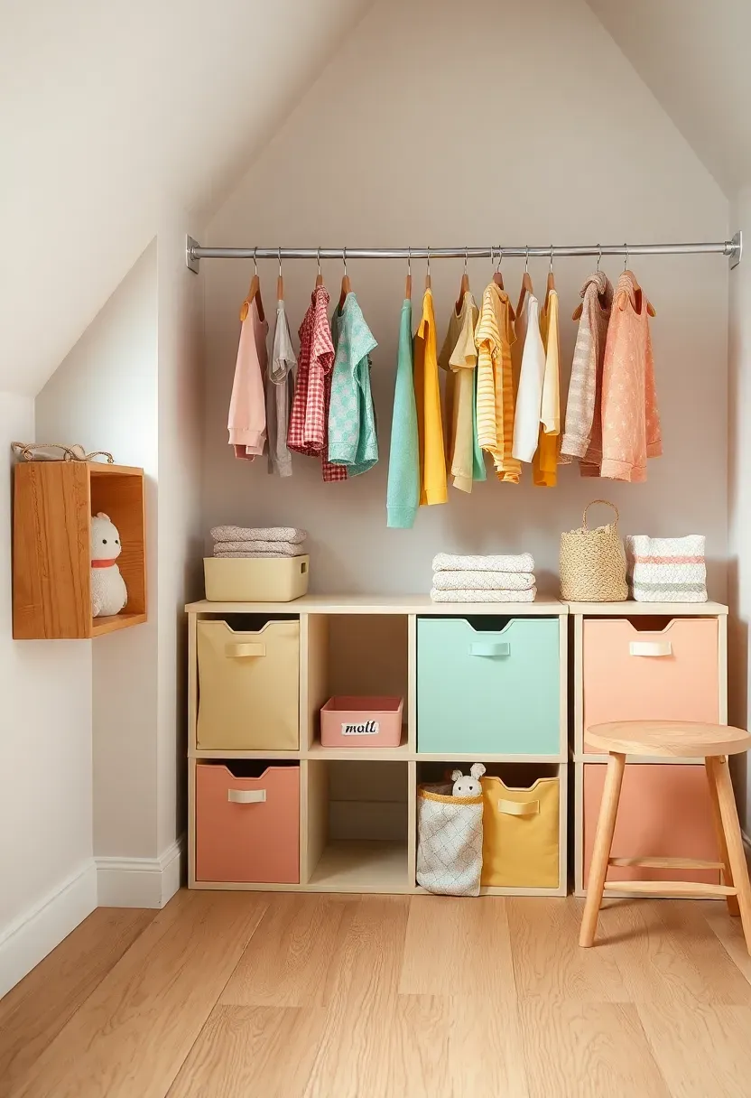 colorful kids attic closet with low hanging rods, cube shelving in pastel colors, and labeled fabric bins for toys and clothes