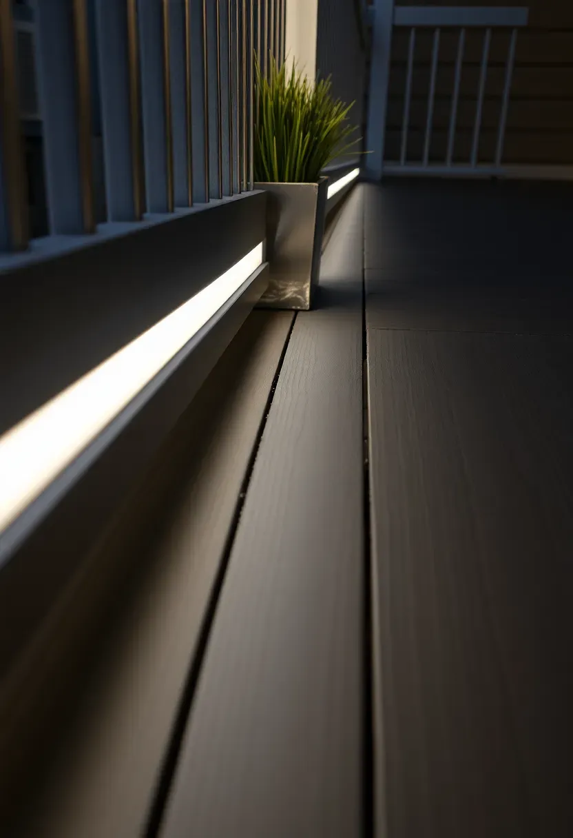 Warm white LED strip lights installed under the top rail of a composite deck railing casting a soft glow down across the deck surface at night
