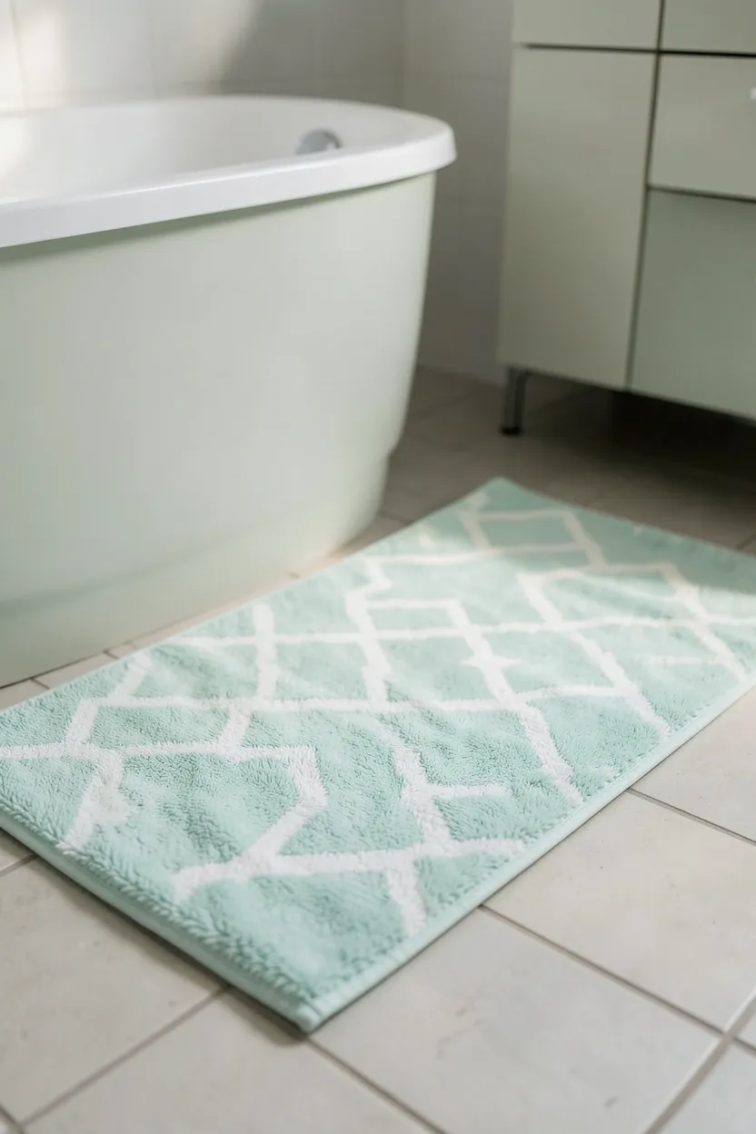 Coordinated soft bath mat set in a Toca Boca family bathroom with a large mat outside the tub and smaller mat at the vanity in matching pastel tones