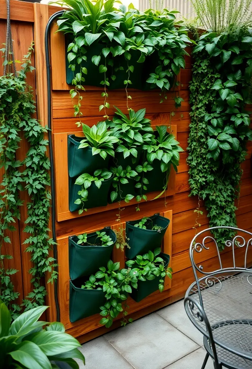 Lush green living wall with felt pocket planters mounted on a wooden frame in a backyard patio area with ferns and trailing ivy