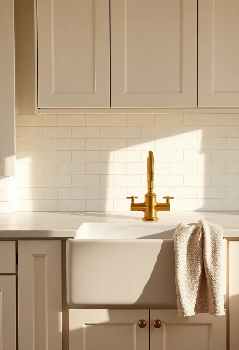 cream crackle glaze subway tile backsplash in a warm cottage kitchen with brushed gold hardware and marble sink