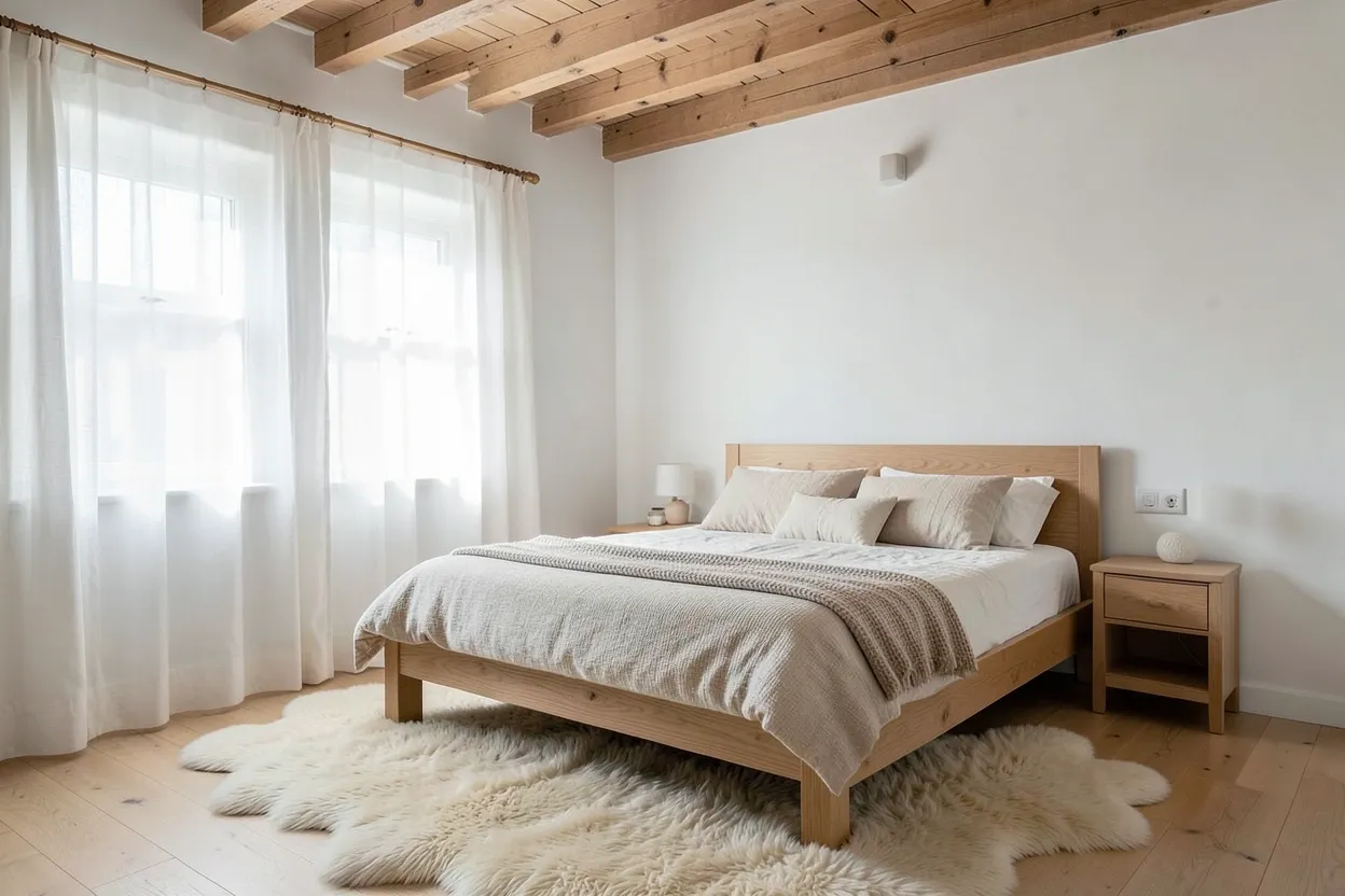 Collage of Scandinavian rustic bedroom ideas featuring light oak bed frames, linen bedding, sheepskin rugs, and reclaimed wood accents in a neutral rental bedroom