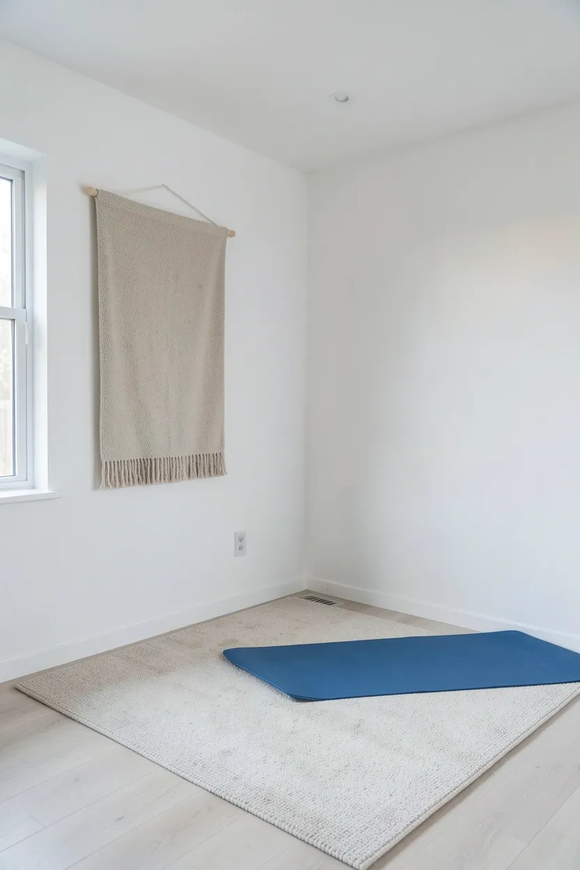 Neutral area rug and a simple woven wall tapestry in a minimalist apartment gym — acoustic treatment that absorbs echo and softens the workout space without visual clutter