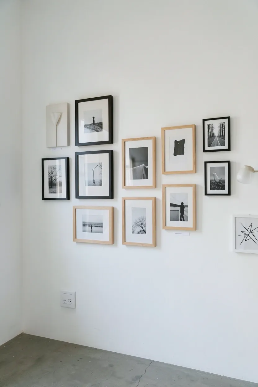 Curated minimalist gallery wall with small black frames and neutral prints adding character to a tiny Scandinavian living room