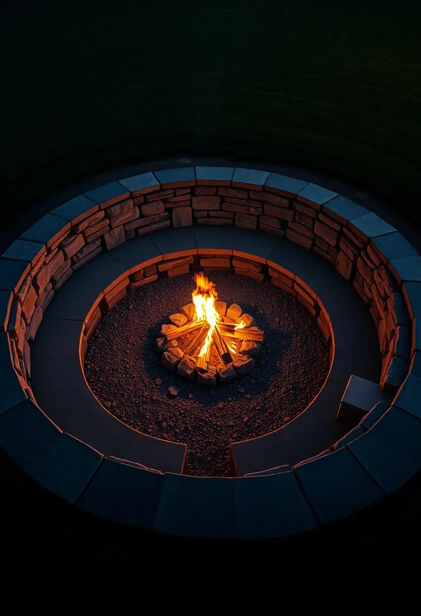 Hyper-realistic elevated 3/4 view of a sunken circular firepit area showing a stone-walled firepit depression with built-in circular stone bench seating around a central wood fire, with ground-level lawn visible beyond the raised edge. Materials: natural stone veneer walls, flagstone bench seating, gravel firepit base, healthy grass lawn surrounding. Evening lighting with warm fire glow illuminating stone faces while lawn area remains in cooler twilight, creating dramatic depth. Intimate gathering space feeling, visible fire flames reaching upward. Angled perspective showing both sunken seating area and surrounding lawn context. Shallow depth of field emphasizing firepit interior foreground with bench texture and lawn edge visible beyond. No text, no logos, no watermarks.</p>