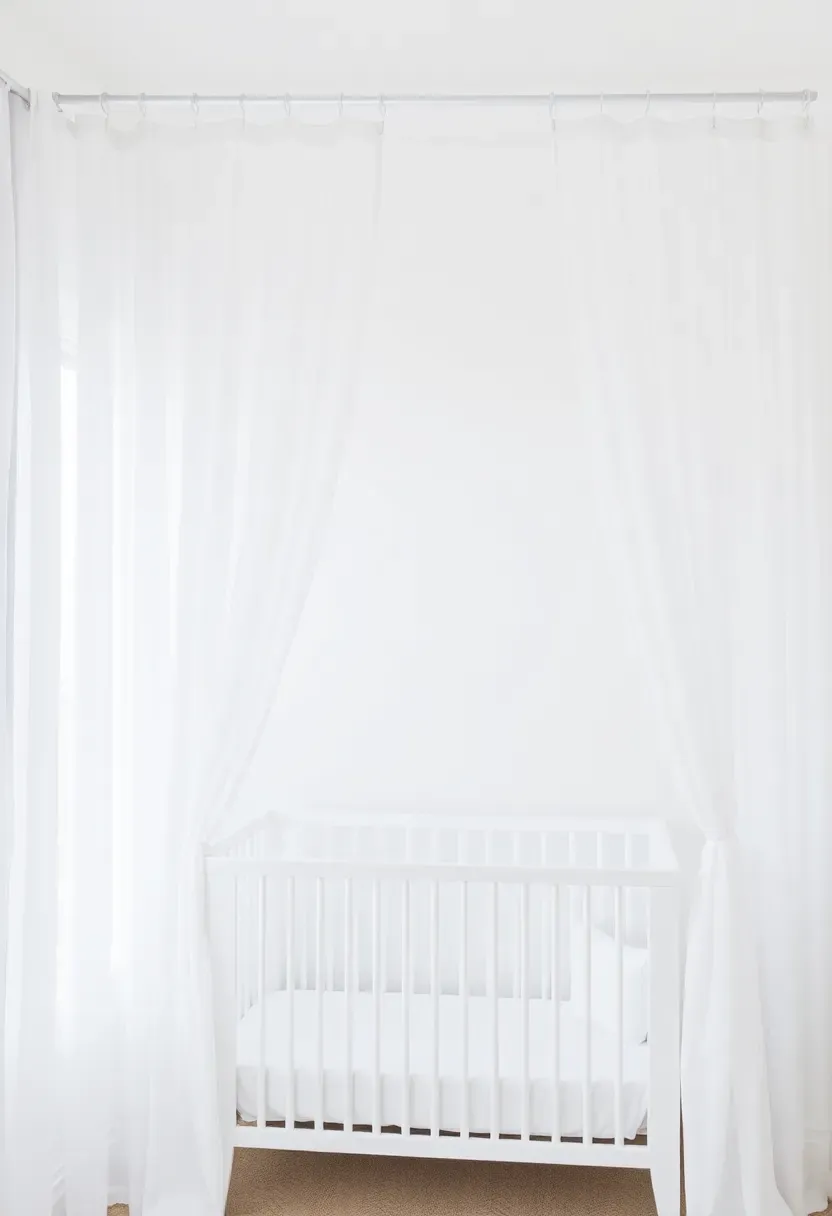 Floor-to-ceiling white blackout curtains on ceiling track enclosing a crib corner in a rental master bedroom for renter-friendly privacy