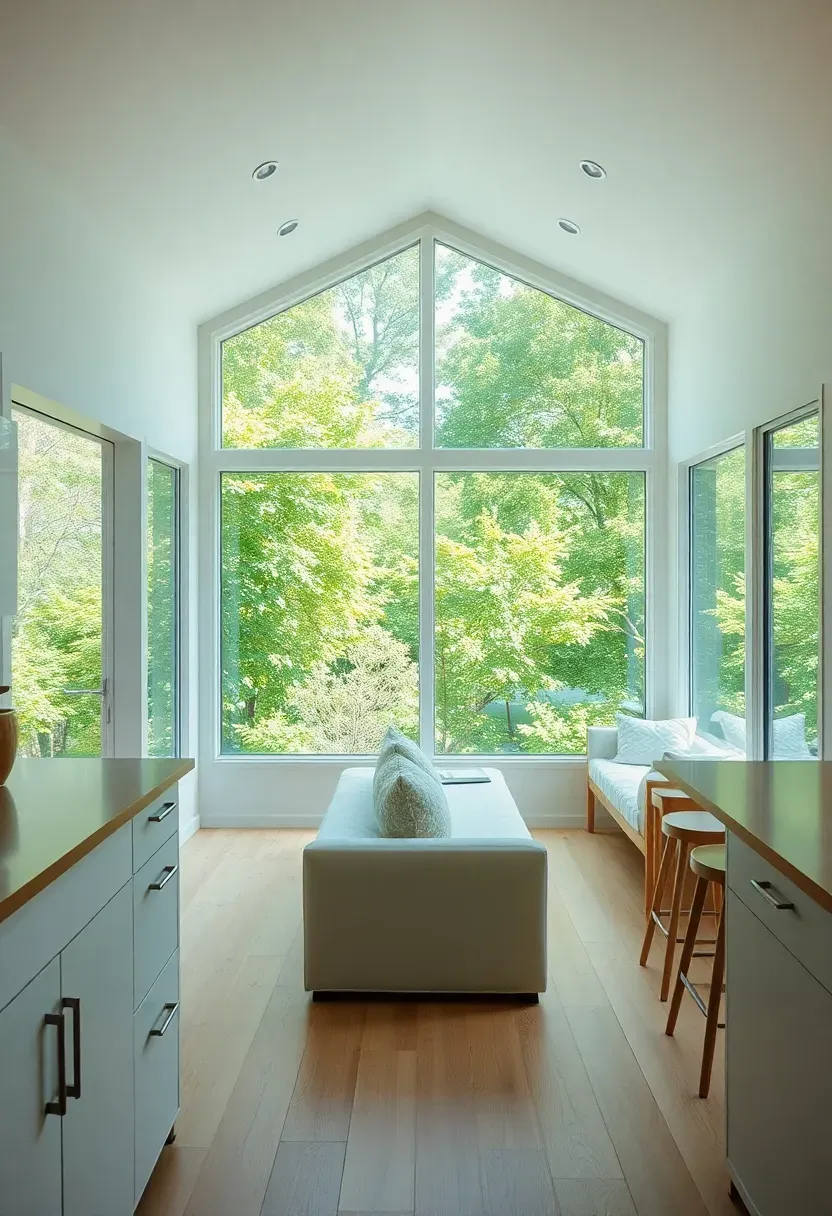 Hyper-realistic 3/4 view of tiny house interior showing window visible from multiple vantage points, outdoor greenery visible from kitchen counter, sofa, and bed nook, creating connection to outdoor space from throughout interior, white walls, light oak floor, minimal furniture arranged to face windows. Materials: large windows with minimal framing, white walls, light oak floor, white sofa, kitchen counter with stools. Bright natural light with outdoor views, soft shadows, sightlines emphasized.</p>