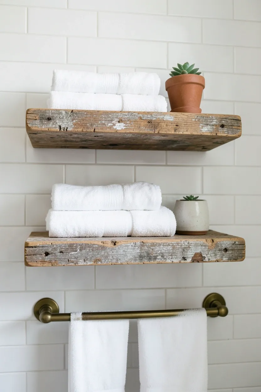 Hyper-realistic eye-level photograph of a rustic bathroom wall featuring two distressed wood floating shelves with visible grain, cracks, and aged patina, holding neatly folded white towels and small potted succulent, white subway tile background, brass towel rail below. Natural light. Materials: distressed pine wood shelves, white cotton towels, ceramic pot, brass rail, white ceramic tiles. Authentic distressed wood character. Weathered wood details. No text, no logos, no watermarks.</p>
