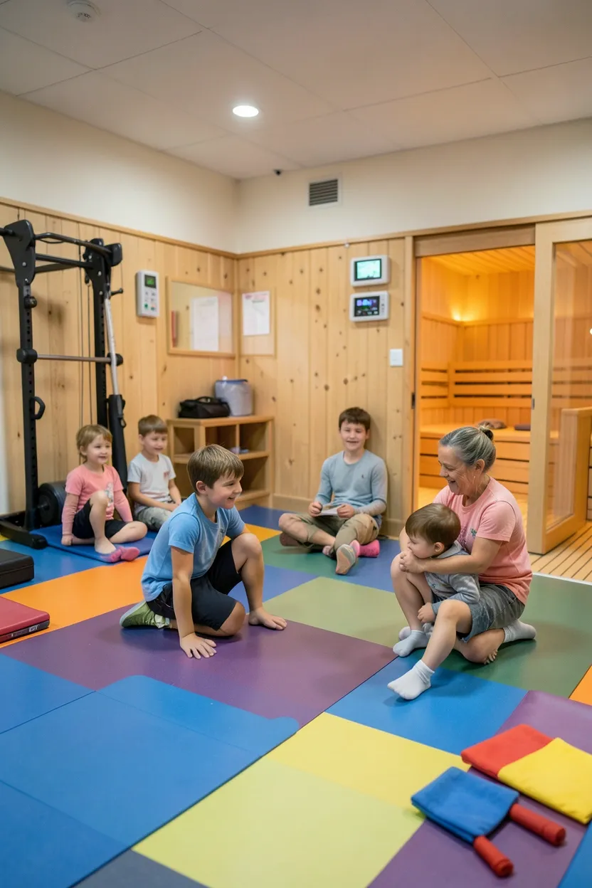 Family-friendly home gym with spacious cedar sauna, durable vinyl floors, adjustable multi-age equipment, and dedicated children's play area in a bright wellness space