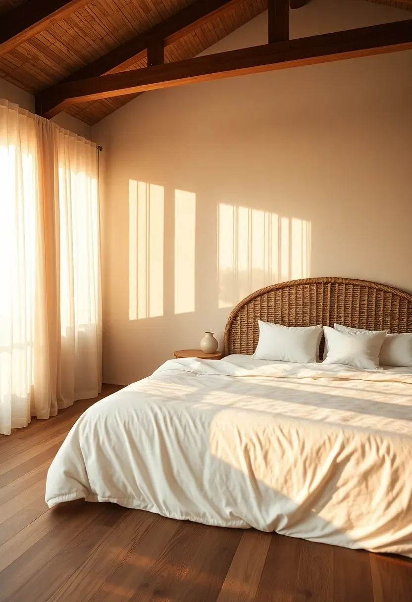 Hyper-realistic wide shot of a minimalist boho bedroom featuring a large woven rattan headboard as the focal point. Materials: natural rattan weave, white linen bedding, light oak floor. Warm golden hour light streaming through sheer curtains creating dramatic shadows that highlight the rattan texture. Cozy minimalist mood with edited decor—just one small side table and ceramic vase. No text, no logos, no watermarks.</p>