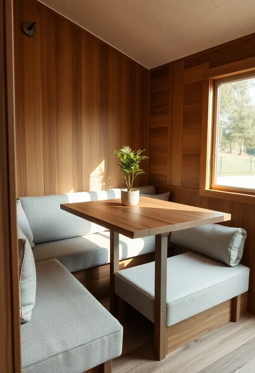 Hyper-realistic 3/4 view of a tiny house living area with walnut convertible desk-to-dining table and light grey upholstered storage benches. Materials: smooth wood finish, durable linen fabric, brushed steel hinges. Warm morning light through large window creating soft highlights on wood grain. Bench seats with hidden storage compartments visible partially open. Clean minimalist aesthetic with potted plant in corner. Shallow depth of field, sharp furniture details. No text, no logos, no watermarks.</p>
