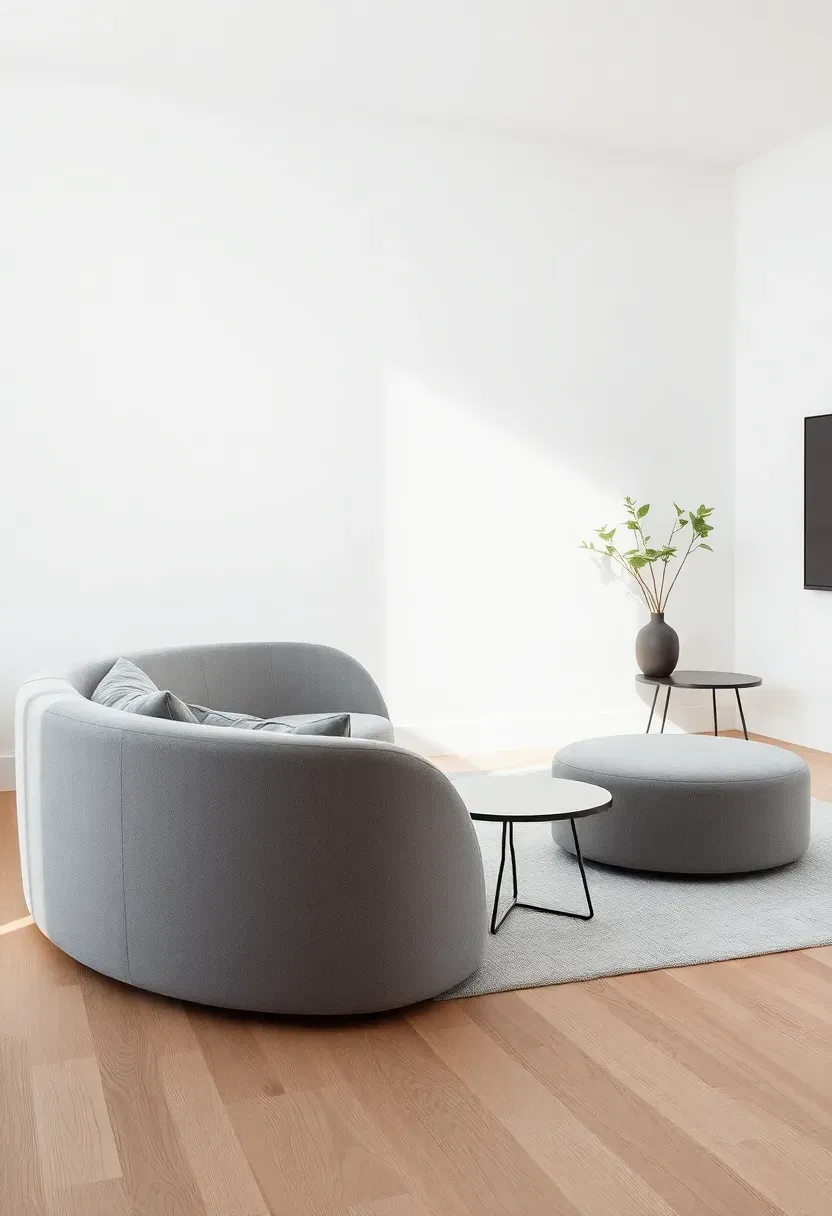Hyper-realistic 3/4 view of minimalist living room with curved gray sofa with gentle arc shape, round glass coffee table, round side table, white walls, light oak flooring. Materials: smooth gray fabric, clear glass, light oak wood, white plaster. Soft natural light (5000K), gentle shadows, organic curved atmosphere. Contemporary minimalist mood, shallow depth of field, sharp details showing curved silhouette, flowing shapes, no clutter, no text, no logos.</p>
