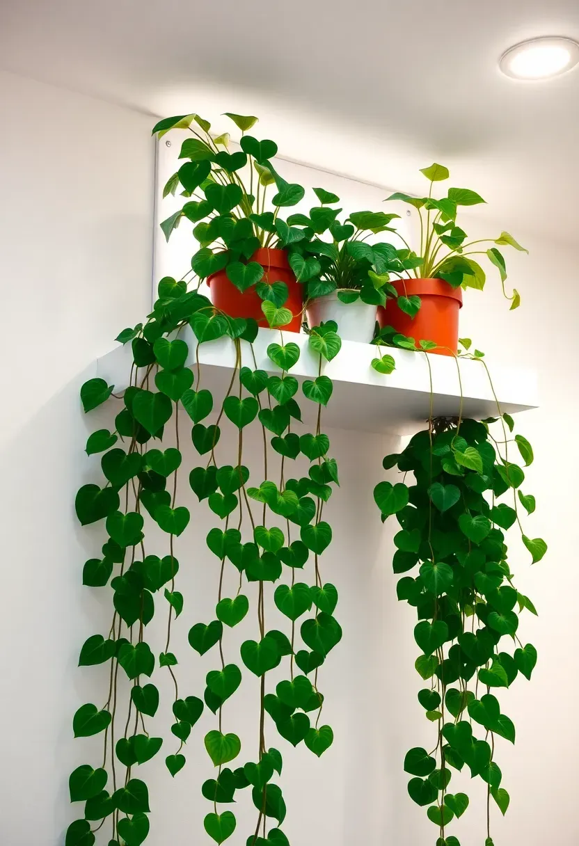 Trailing pothos and philodendron plants cascading from high floating shelves in a basement with supplemental grow lighting