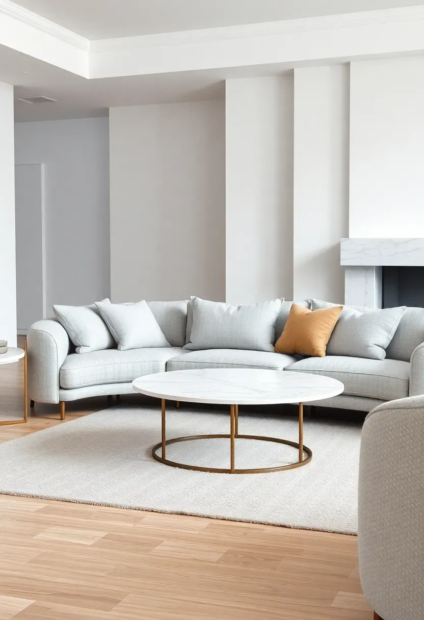 Hyper-realistic shot of minimalist living room with light gray sofa, white marble coffee table with gray veining, marble side table or fireplace surround, luxurious modern aesthetic. Materials: light gray textured upholstery, white Carrara marble with subtle gray veining, white walls, light oak or polished floor. Soft diffused natural light, luxurious minimalist mood emphasizing material quality. Sharp details on marble surface and sofa texture, shallow depth of field, composition showing relationship between sofa and stone surfaces, no text, no logos, no watermarks.