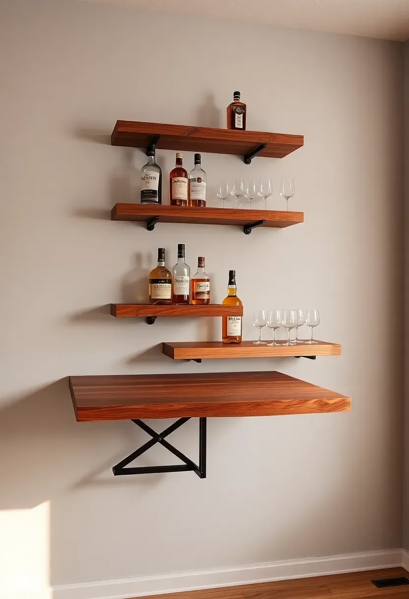 Wall-mounted floating shelf bar with no base cabinets, thick walnut shelves holding bottles and glasses, and a fold-down countertop at serving height