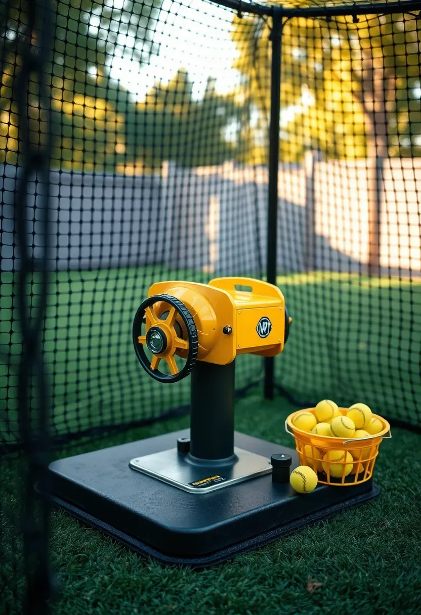 pitching machine set up inside backyard batting cage on turf mat