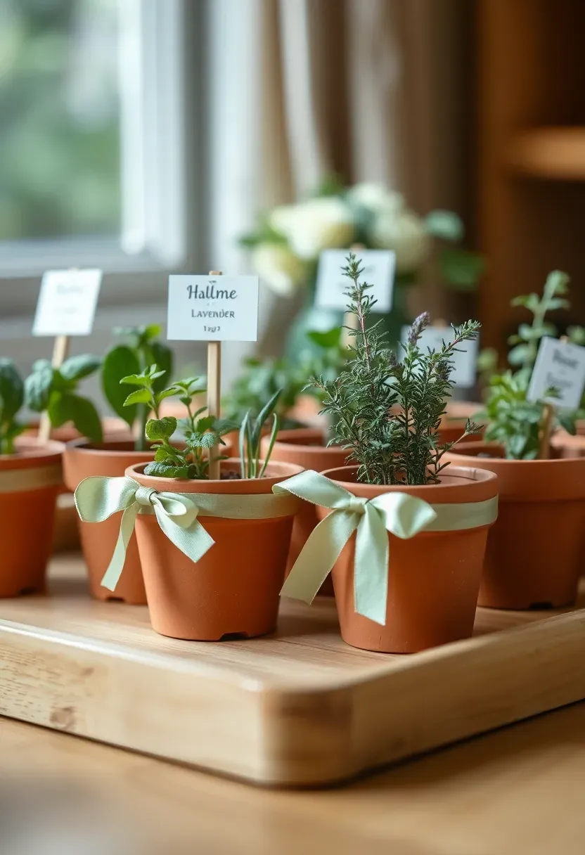 Herb garden baby shower favors in terracotta pots wrapped in kraft paper with sage ribbon