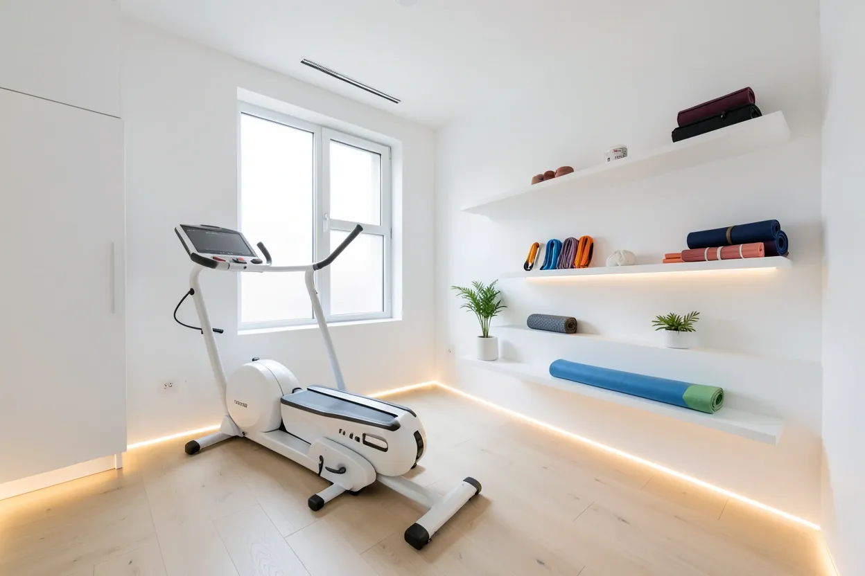 Bright minimalist home gym with white walls, wall-mounted equipment rack, and rubber flooring — clean modern workout space for renters
